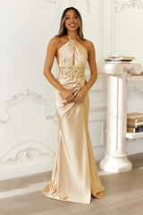 Frosted Glimmer Satin Halter Maxi Dress Gold