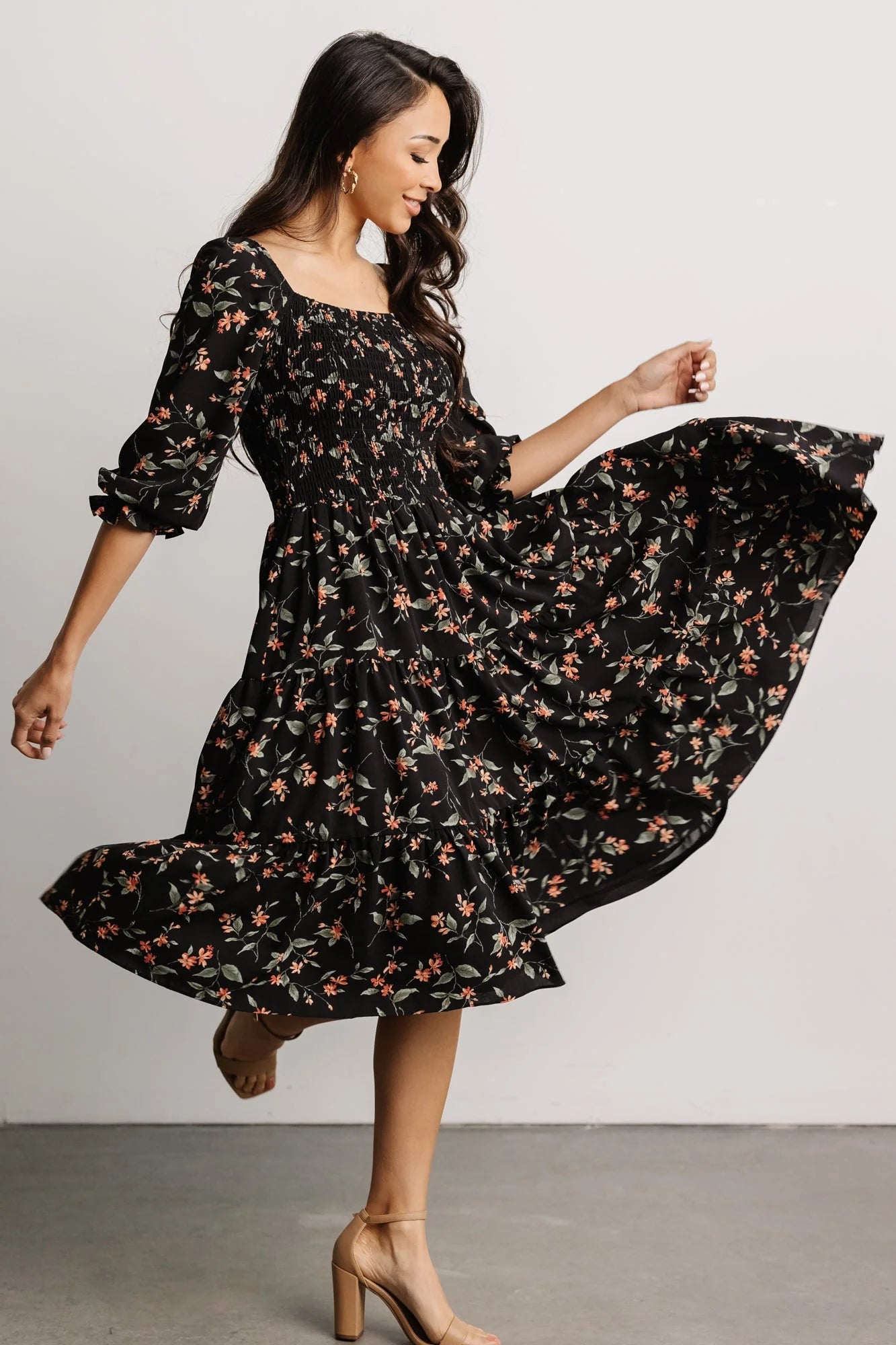 Marta Smocked Midi Dress | Black Floral