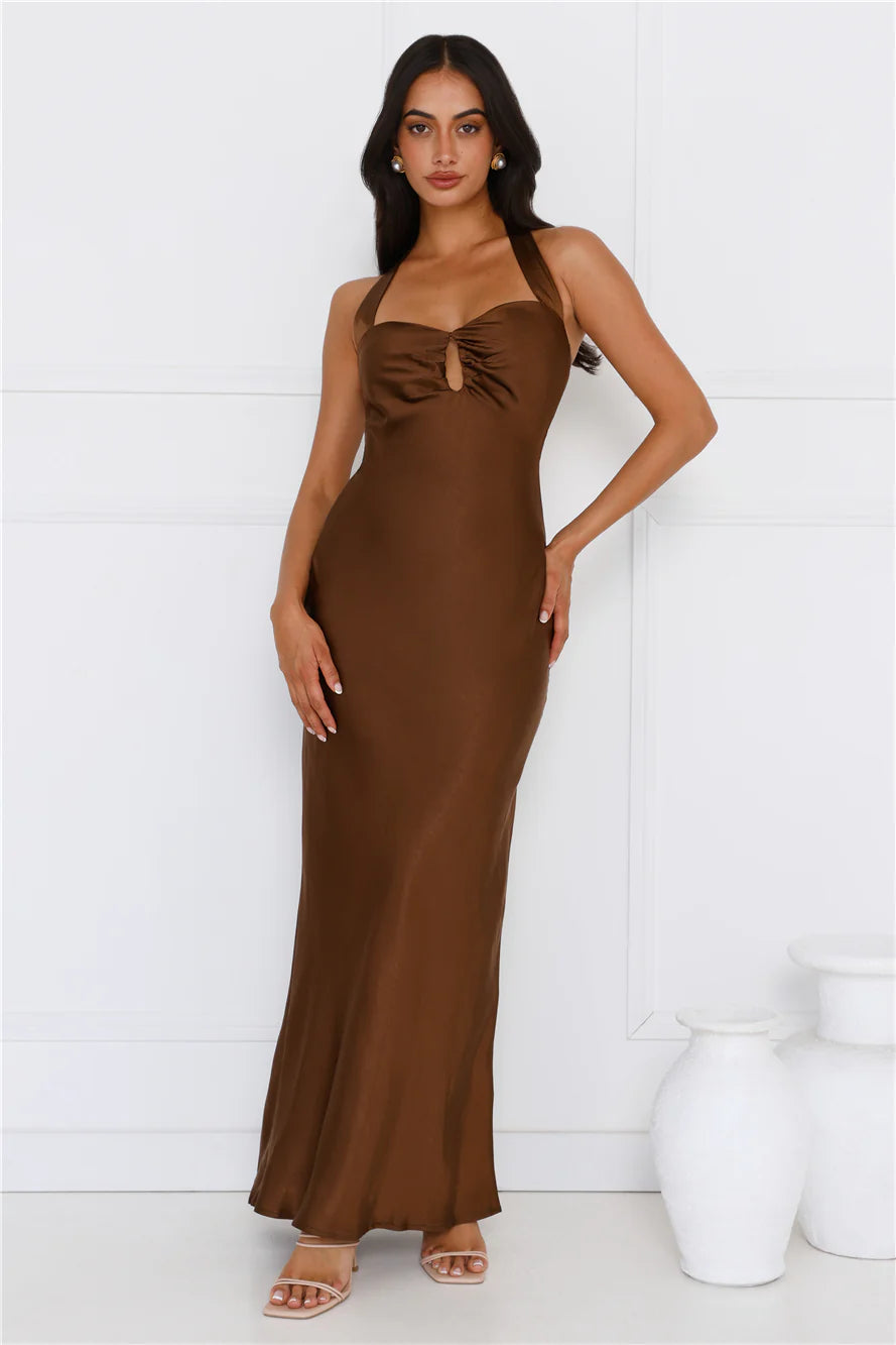 Ambiance Of The Night Halter Satin Maxi Dress Brown