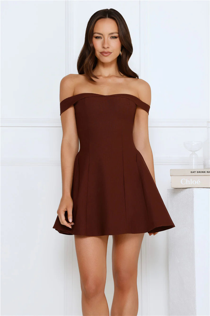 Waverly Off Shoulder Mini Dress Brown