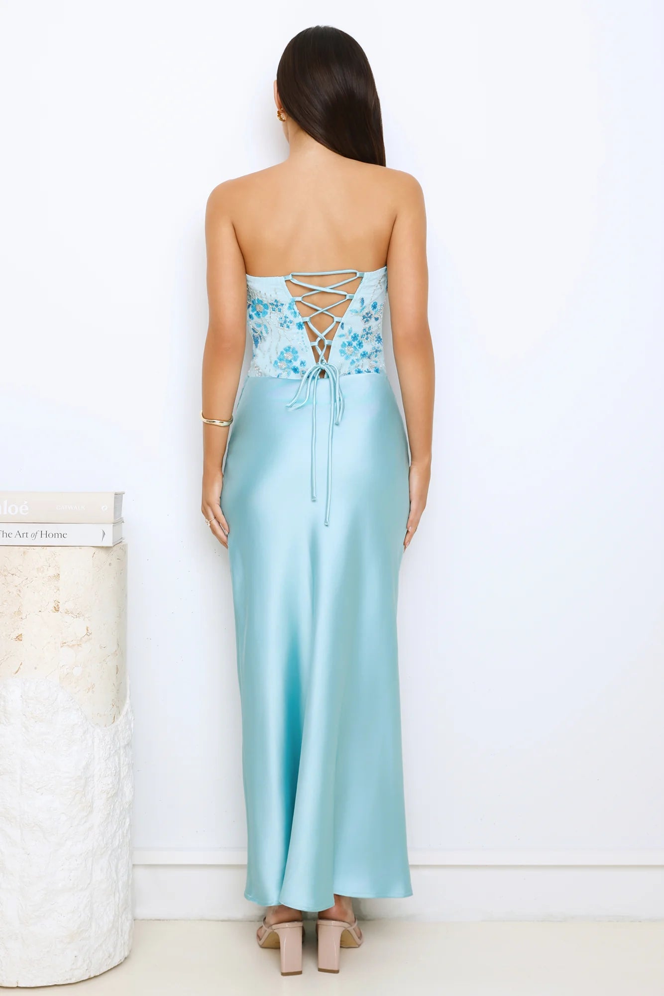 Dazzle On Demand Strapless Satin Maxi Dress Blue