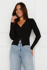 Buttoned Up Ribbed Long Sleeve Top Black