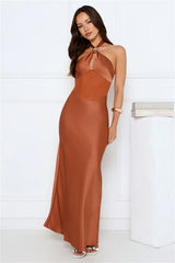 Formal Statement Halter Satin Maxi Dress Mocha
