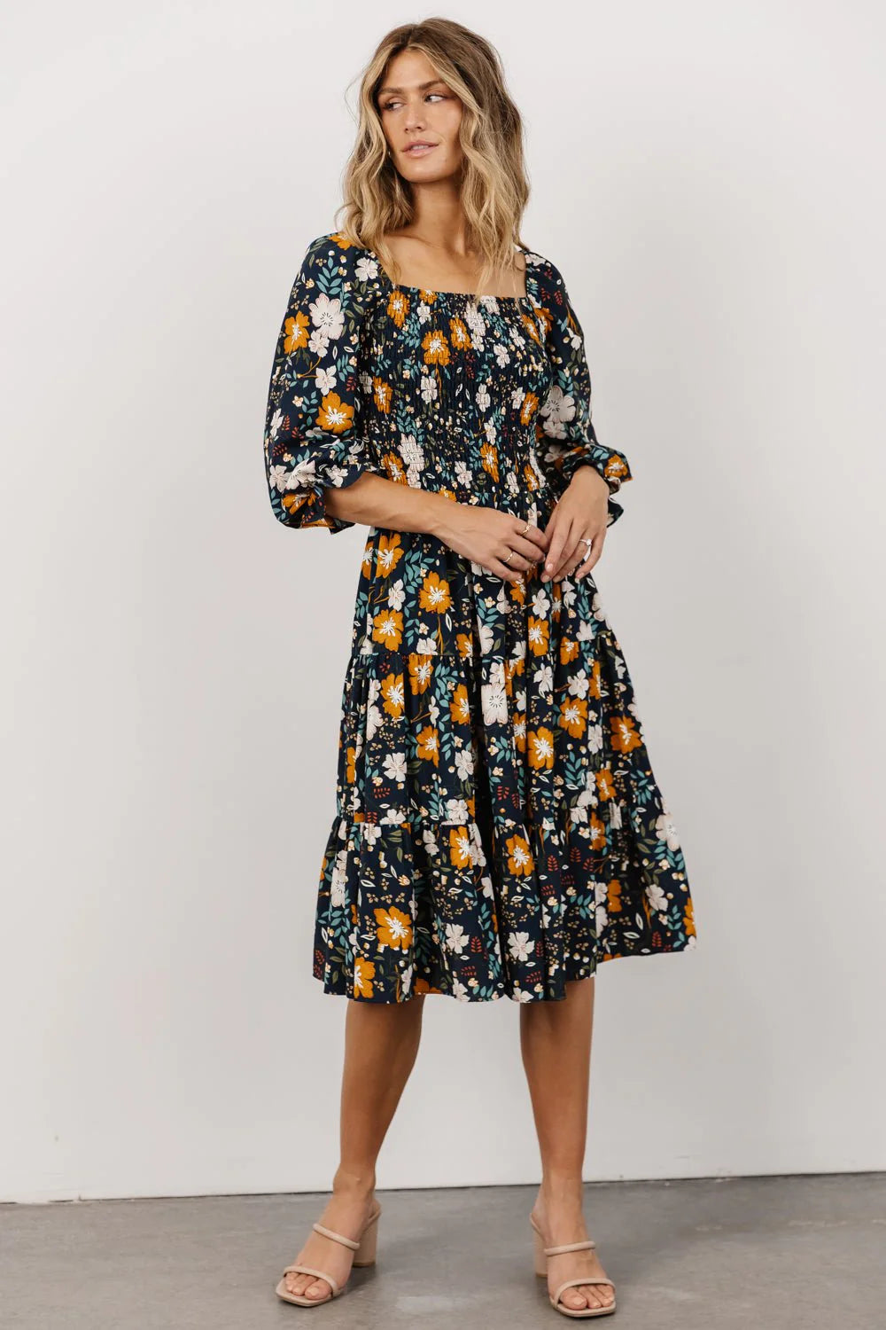 Marta Smocked Midi Dress | Dark Blue Vintage Floral