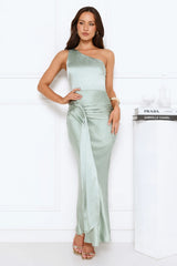 Dusk Enchantress One Shoulder Satin Maxi Dress Green