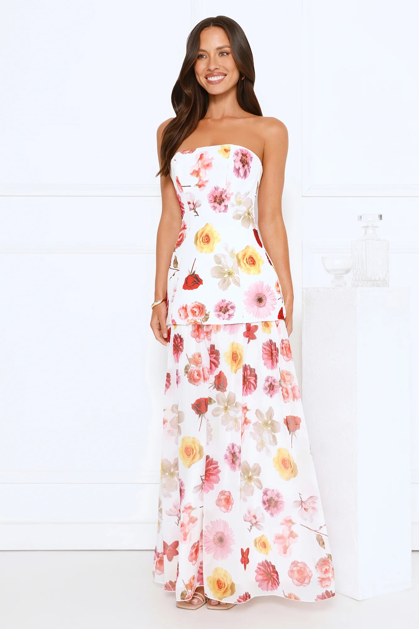 Floral Shine Strapless Maxi Dress White
