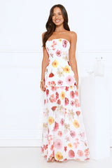 Floral Shine Strapless Maxi Dress White