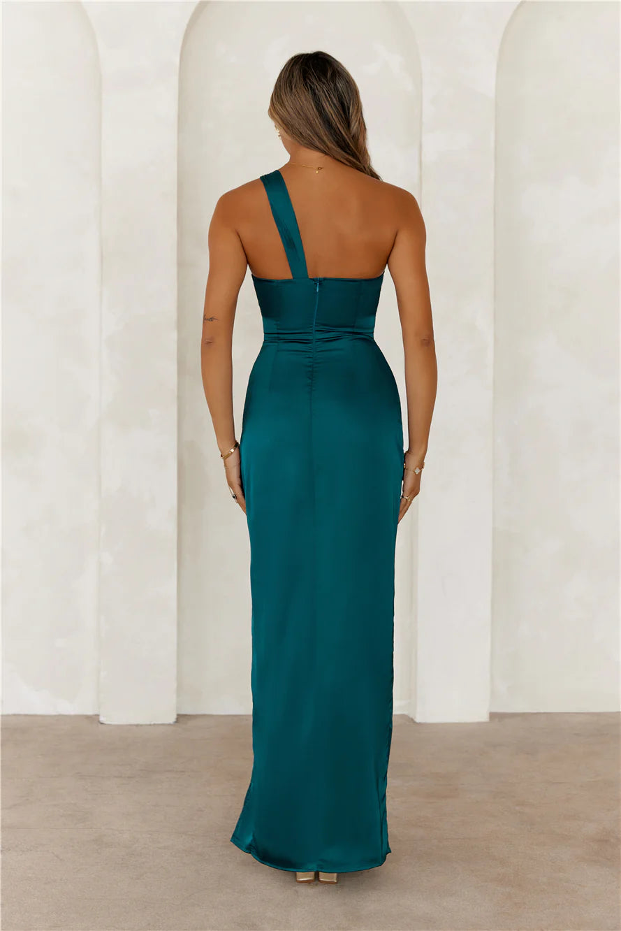 Celebrations Under Stars Satin One Shoulder Maxi Dress Forest Green