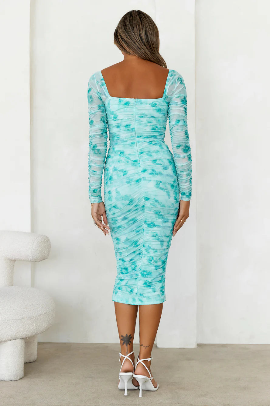 Flicking Pics Long Sleeve Mesh Midi Dress Green