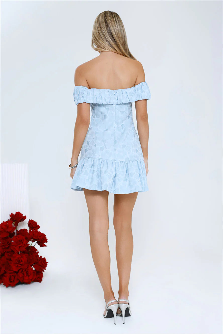 Bright Eyes Club Off Shoulder Mini Dress Blue