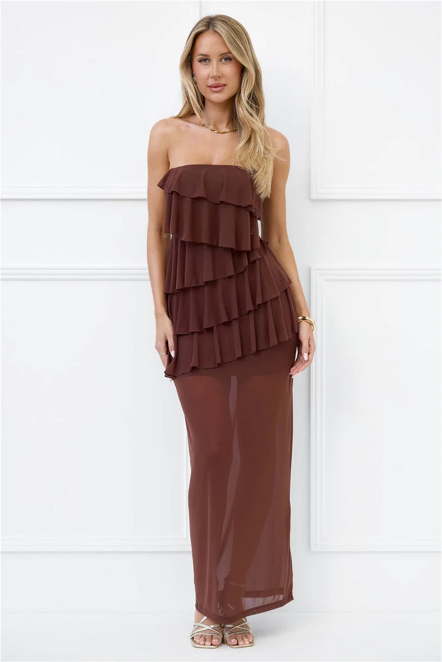 Wisp of Wonder Mesh Strapless Maxi Dress Brown