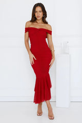 Tanisha Off Shoulder Mesh Midi Dress Maroon