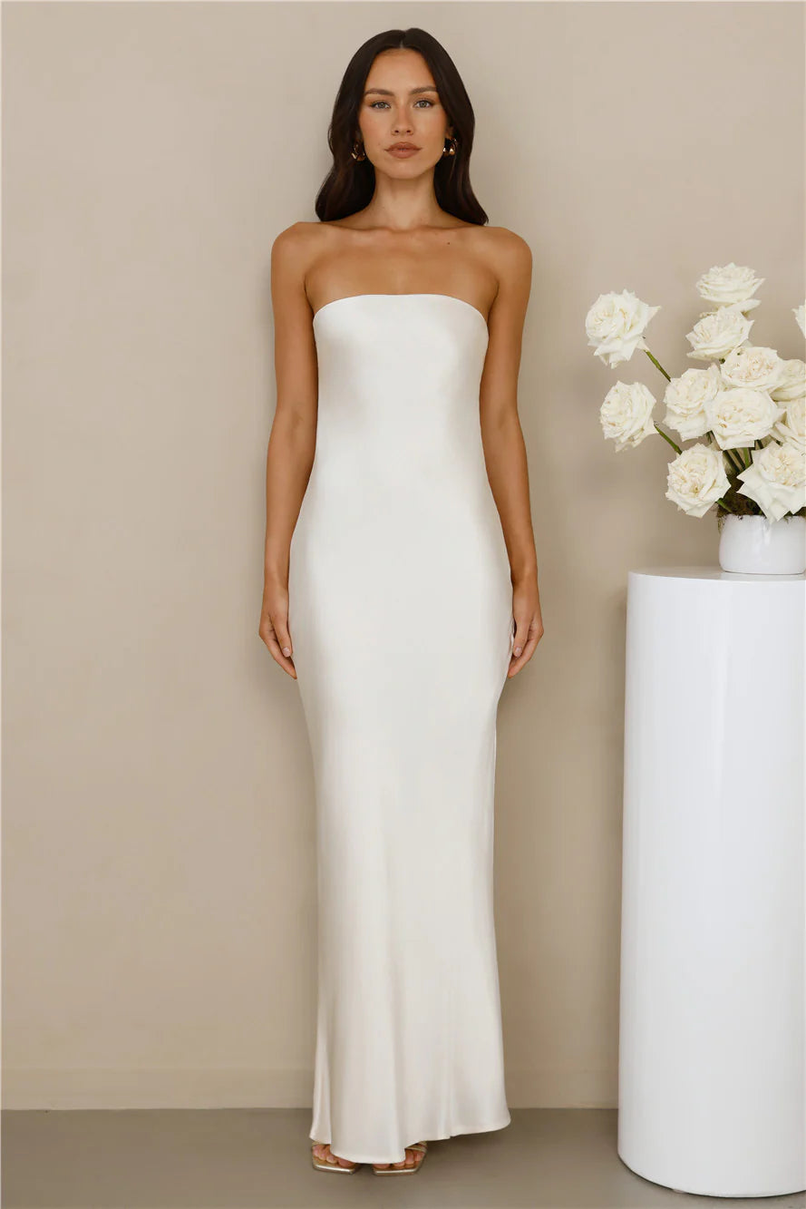 The Felicity Strapless Satin Maxi Dress Pearl