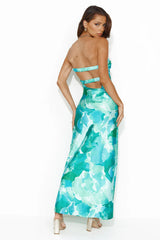 Color Bloom Strapless Satin Maxi Dress Green