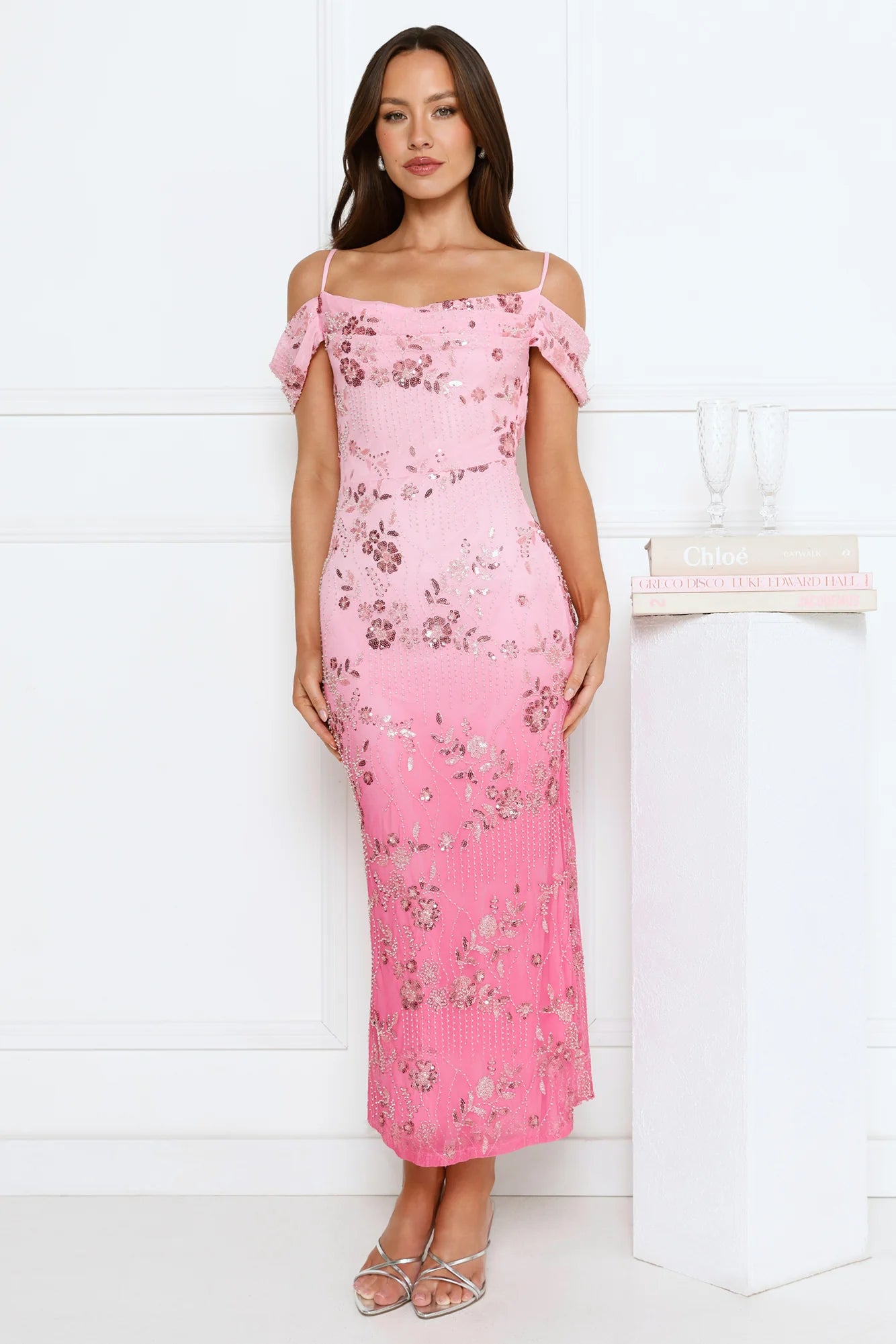 Champagne Sparkle Embellished Maxi Dress Pink