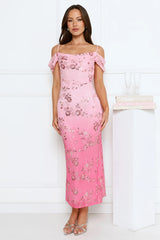 Champagne Sparkle Embellished Maxi Dress Pink