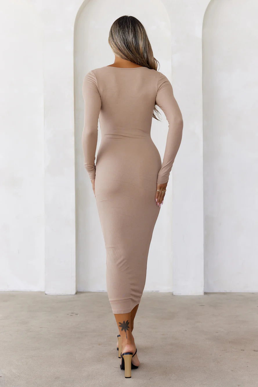 BASE The Must Own Long Sleeve Ribbed Midi Dress Latte