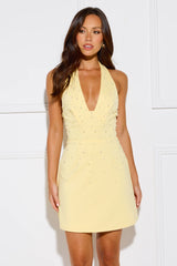 Exclusive Evening Halter Pearl Mini Dress Yellow