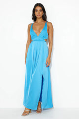 Capture Attention Satin Maxi Dress Blue