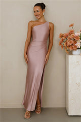 The Aurora One Shoulder Satin Maxi Dress Dusty Pink