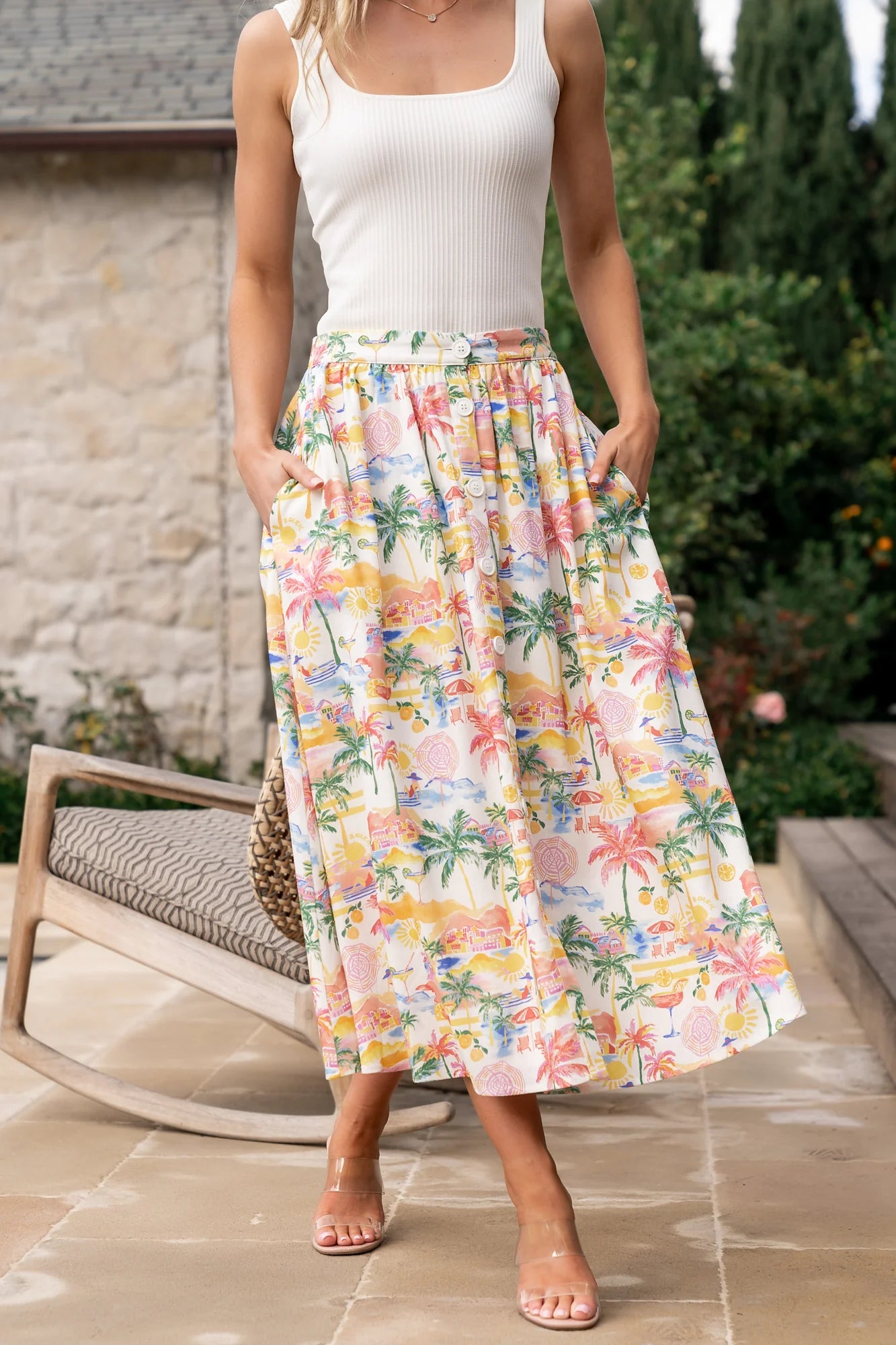 Gigi Button Midi Skirt | Off White + Multi Print