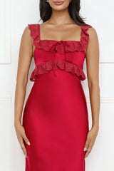 Waltzing In Romance Satin Maxi Dress Red