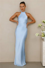 The Cleo Halter Satin Maxi Dress Blue