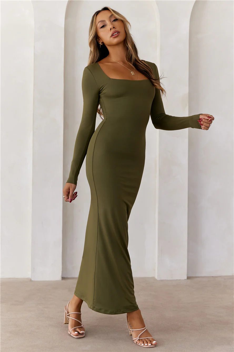 BASE Embrace Shape Long Sleeve Maxi Dress Army
