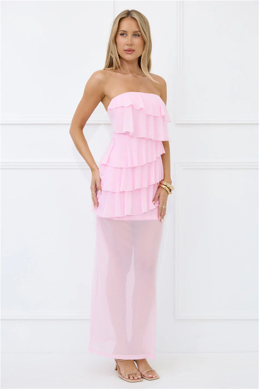 Wisp of Wonder Mesh Strapless Maxi Dress Pink