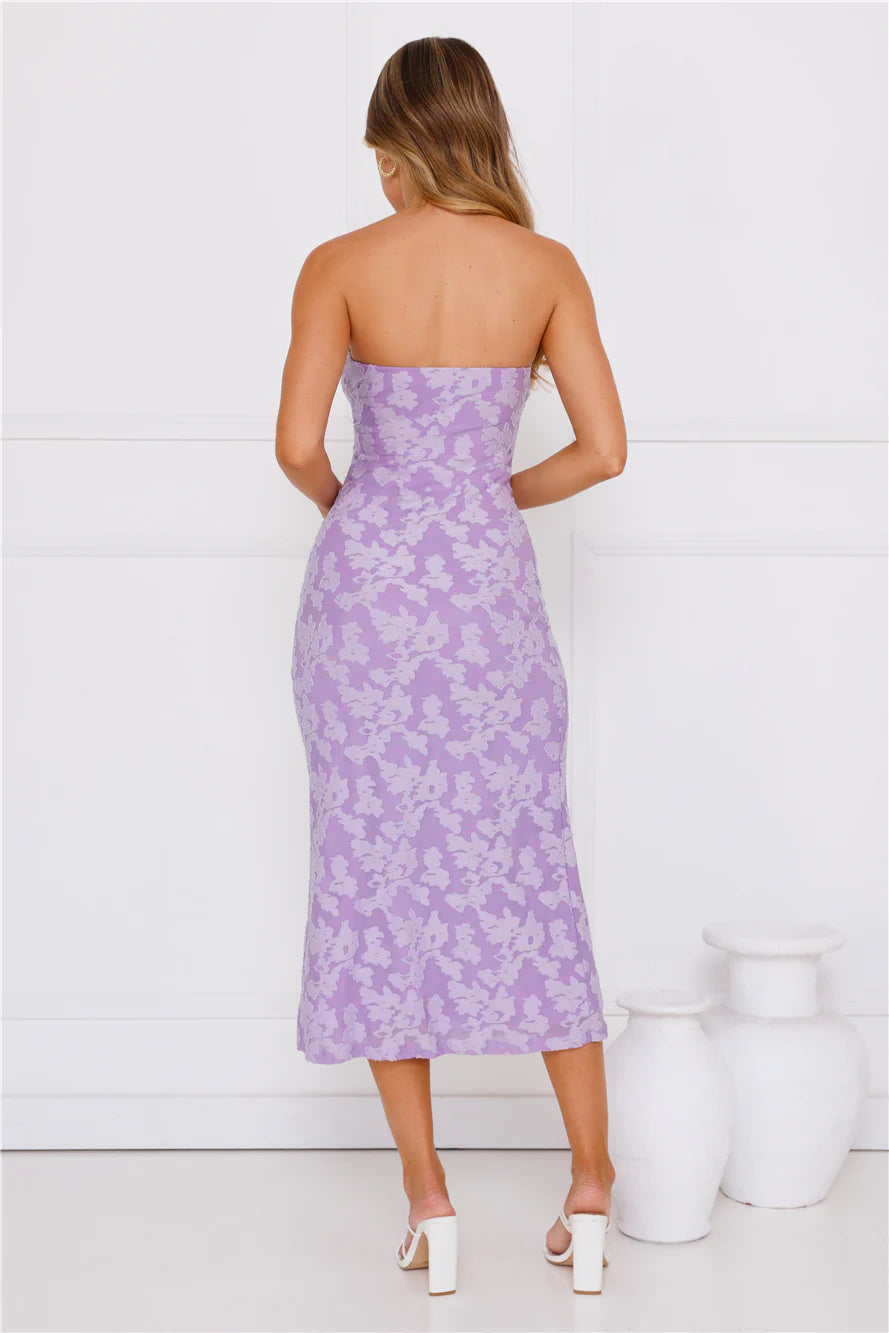 Frosted Floral Strapless Midi Dress Purple