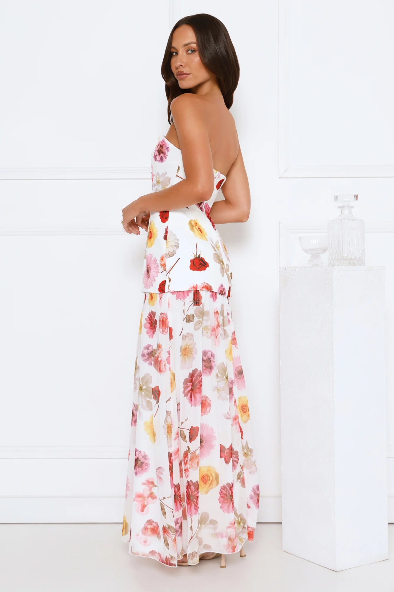 Floral Shine Strapless Maxi Dress White
