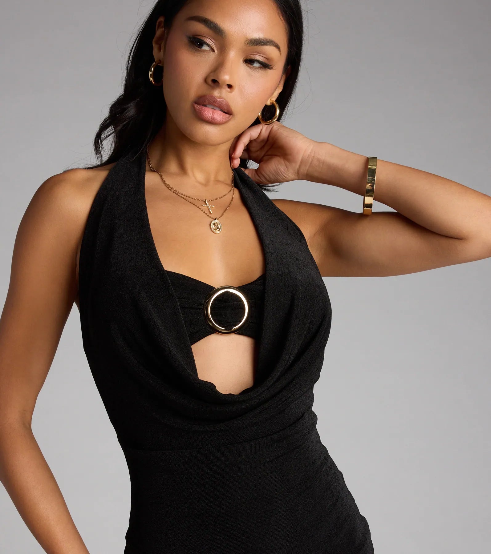 Own The Night Cowl Halter Mini Dress