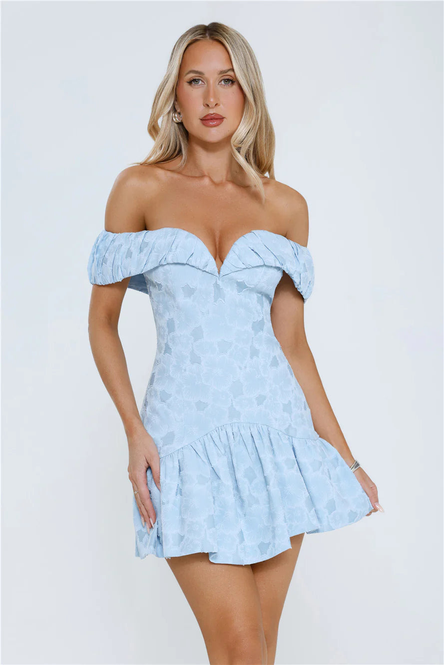 Bright Eyes Club Off Shoulder Mini Dress Blue