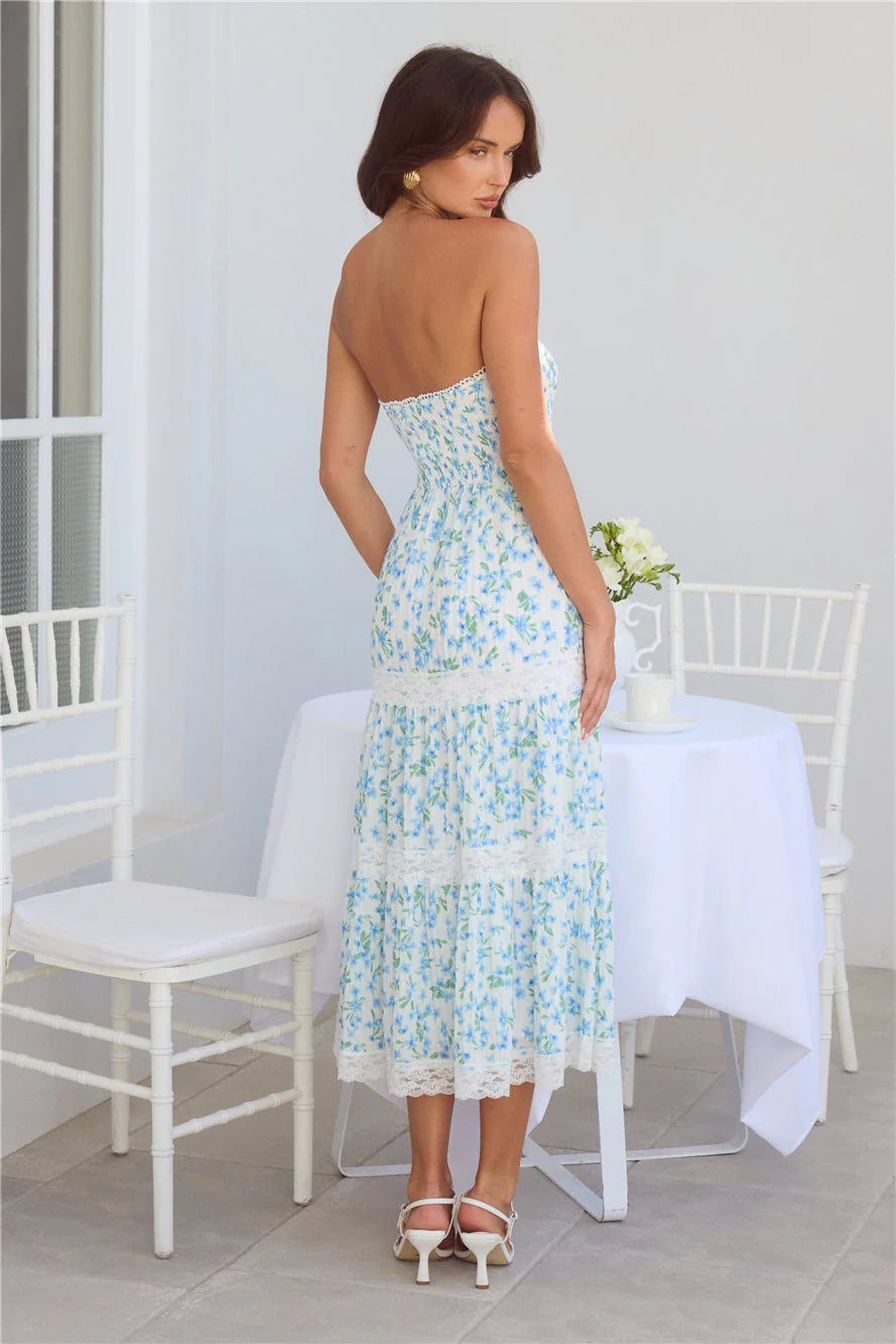 Under Palm Trees Strapless Midi Dress Blue