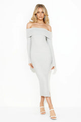 Winter Ice Ribbed Off Shoulder Midi Dress Grey