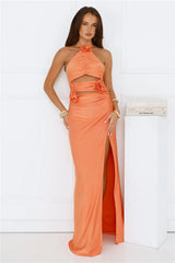 Botanical Muse Halter Maxi Dress Peach