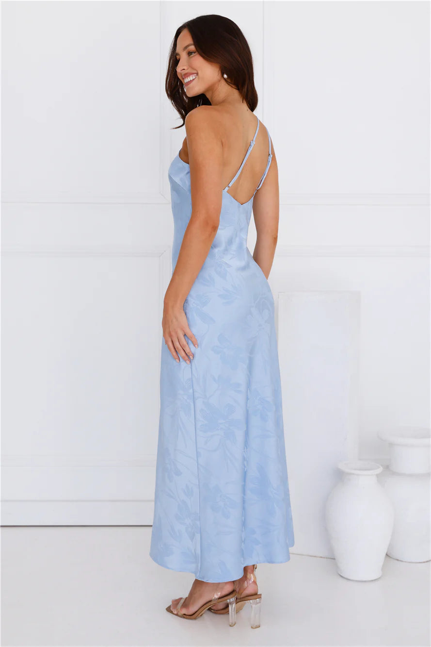 Exotic Bloom One Shoulder Satin Maxi Dress Blue