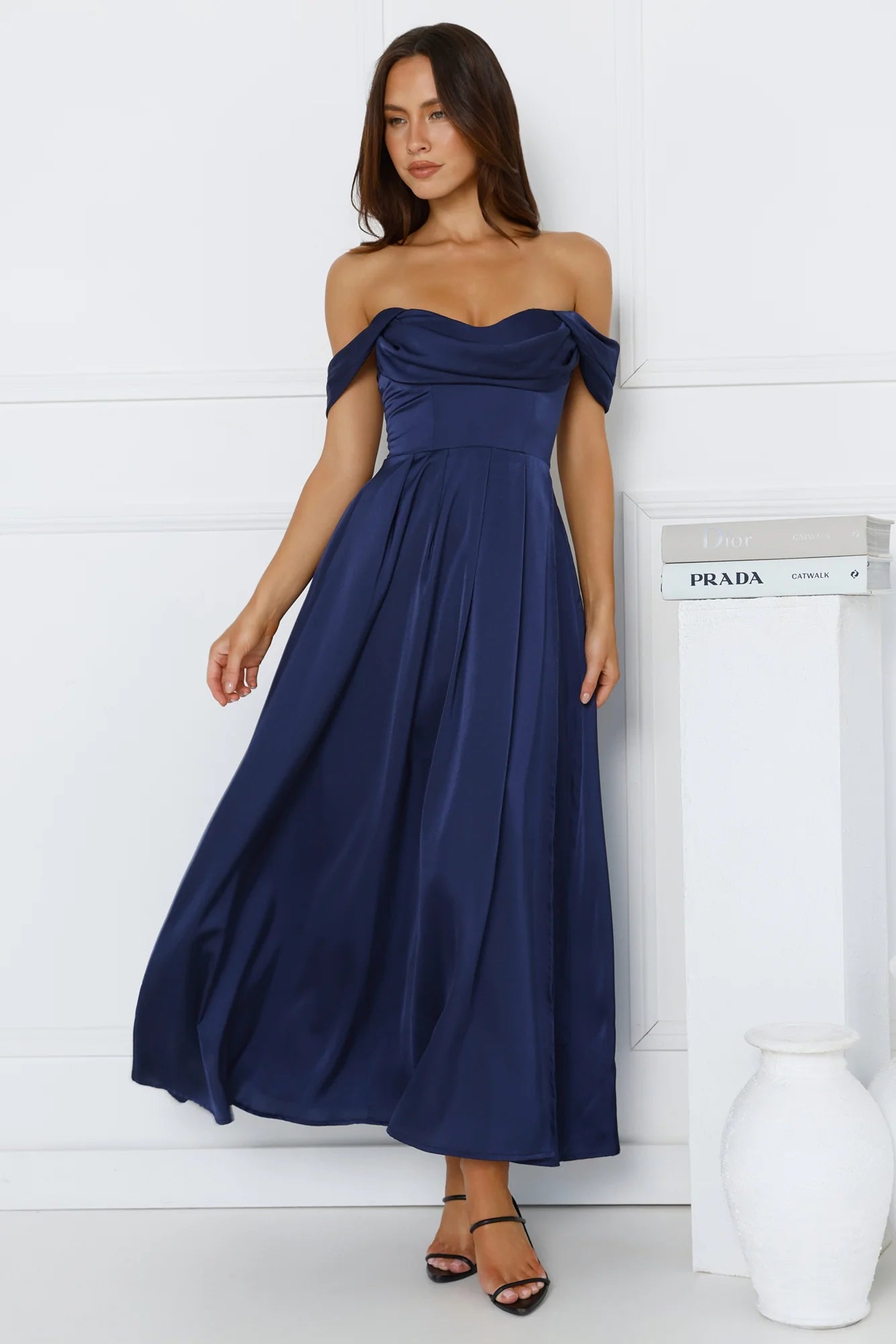 Golden Affair Off Shoulder Satin Maxi Dress Navy