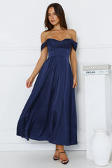 Golden Affair Off Shoulder Satin Maxi Dress Navy