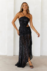 DEAR EMILIA Bedazzled Beauty Sequin Maxi Dress Black