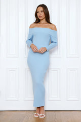 Chilled Luxe Off Shoulder Knit Maxi Dress Blue