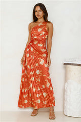 Golden Touch Satin One Shoulder Maxi Dress Rust