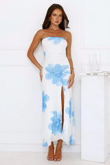 Designer Dream Strapless Mesh Maxi Dress Blue