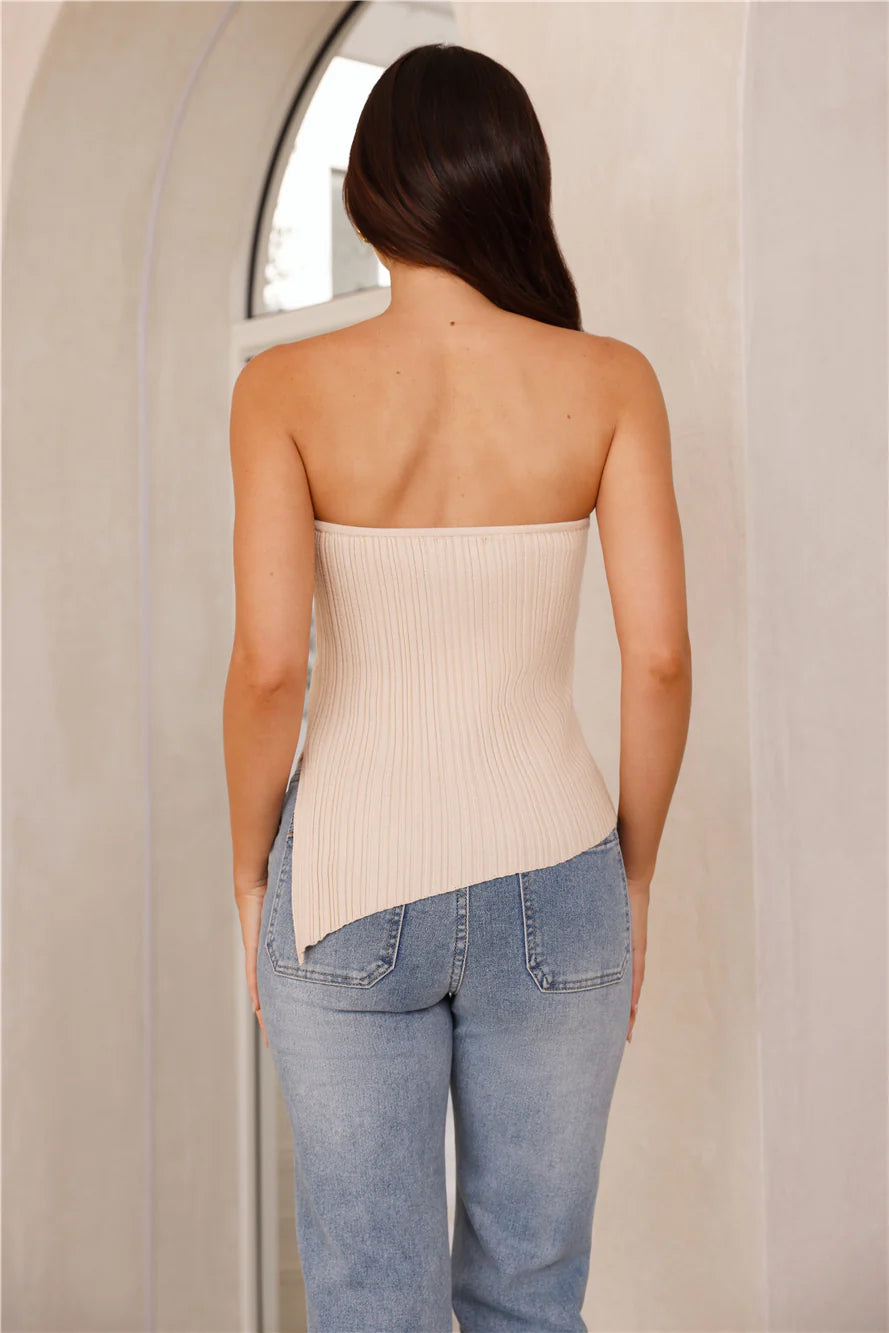 Tropic Nights Strapless Ribbed Top Beige