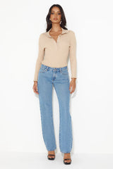 Crisp Days Long Sleeve Ribbed Bodysuit Tan