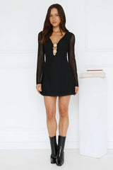 Champagne Aura Mesh Long Sleeve Mini Dress Black