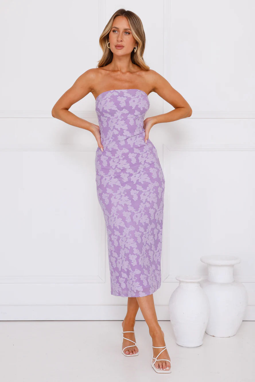 Frosted Floral Strapless Midi Dress Purple