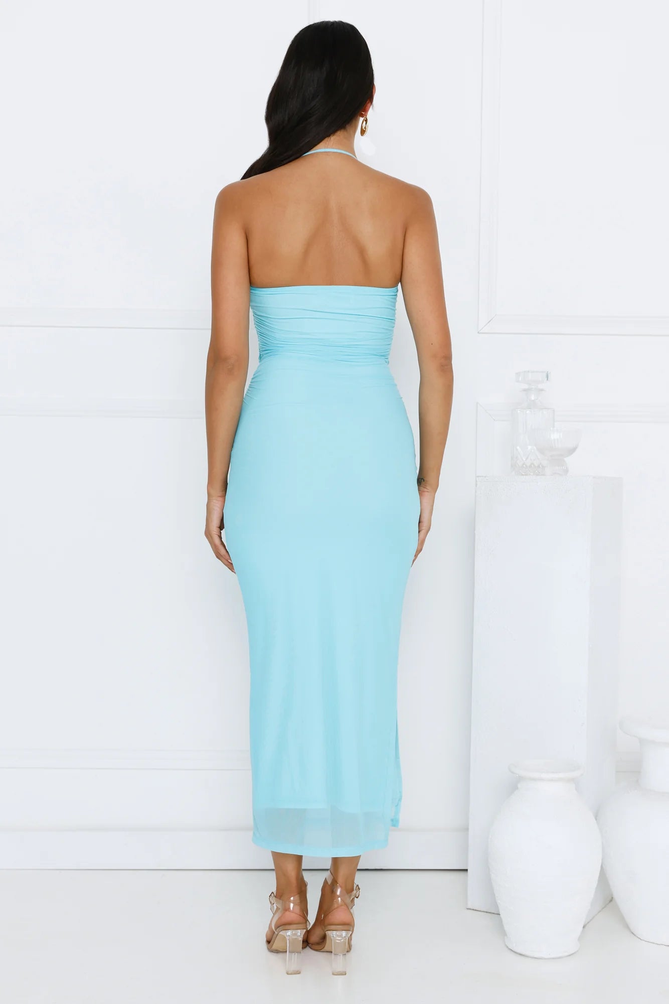 Aiko Halter Mesh Maxi Dress Blue