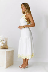 Golden Petals Midi Dress White