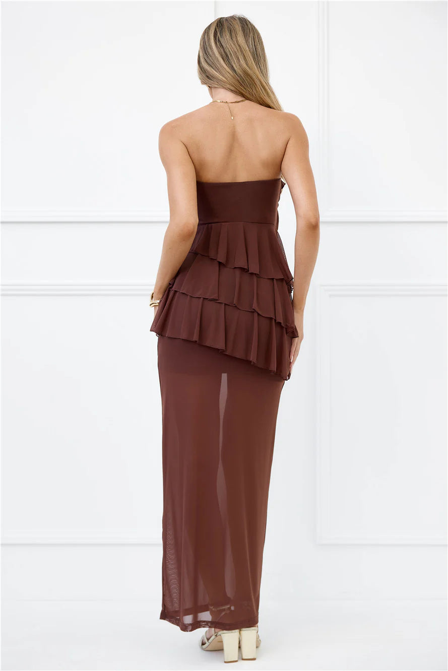 Wisp of Wonder Mesh Strapless Maxi Dress Brown